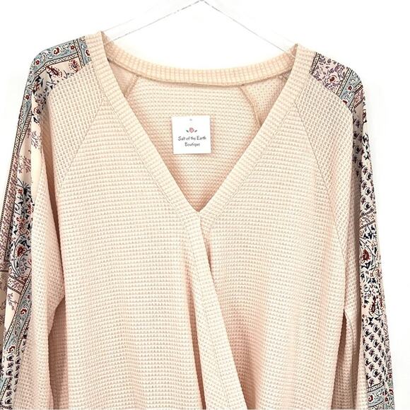 Faux wrap blouse M waffle knit patchwork side tie boho long sleeve cottage NEW - Picture 2 of 9